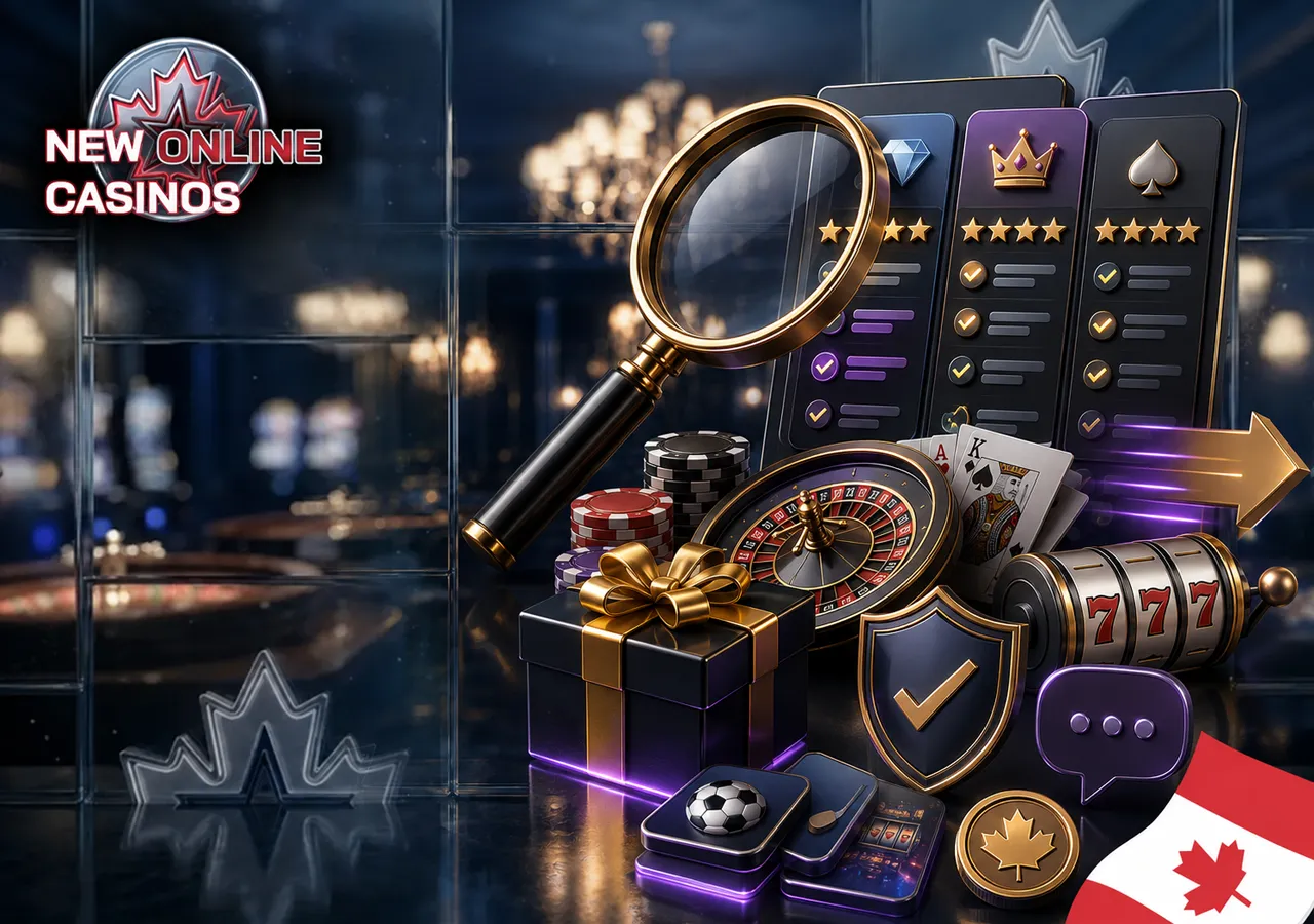 Casino choice process with comparison cards, magnifier, ratings and verified conditions