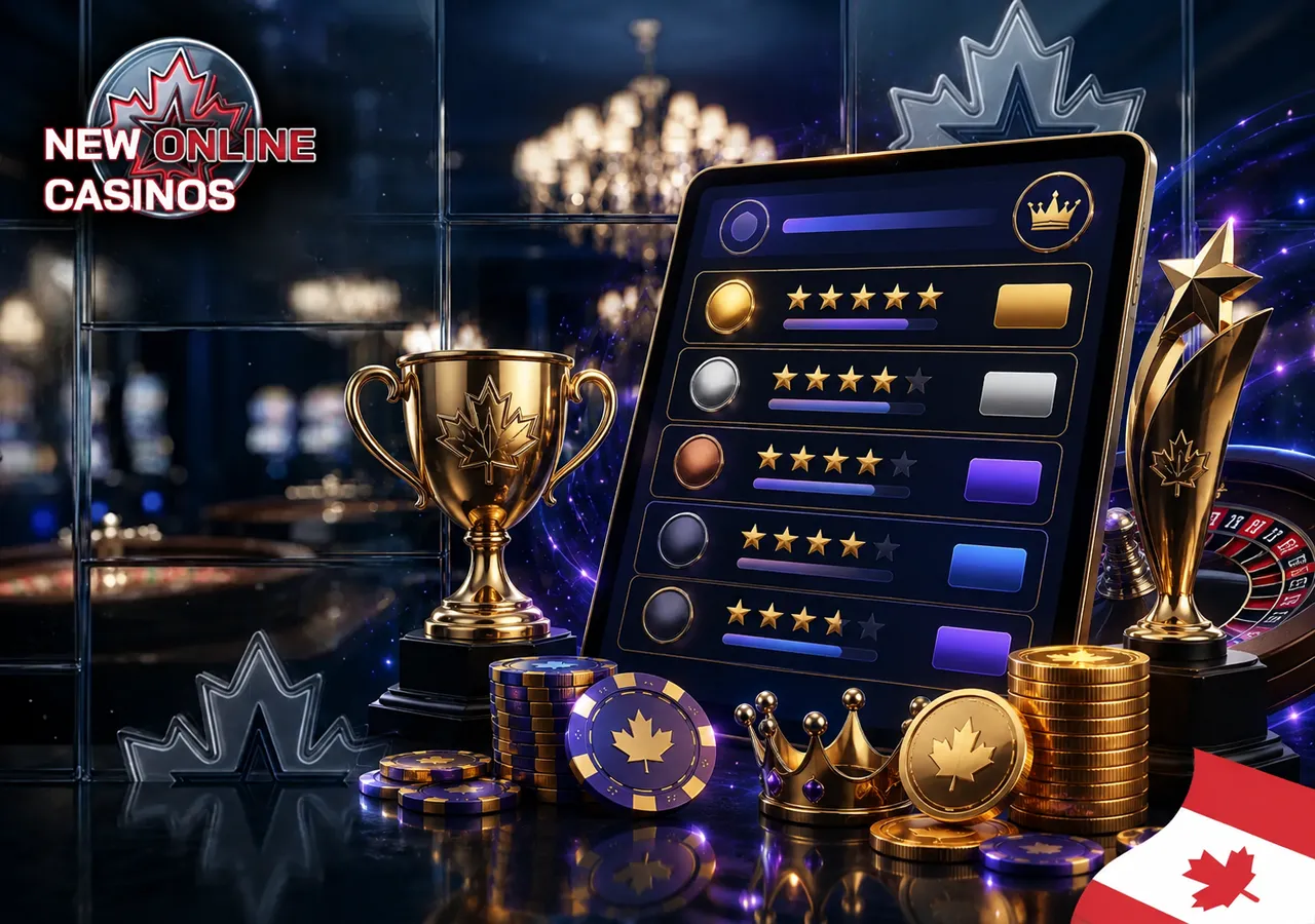 Fresh casino platform ranking on tablet with trophies, star ratings and premium gaming accents
