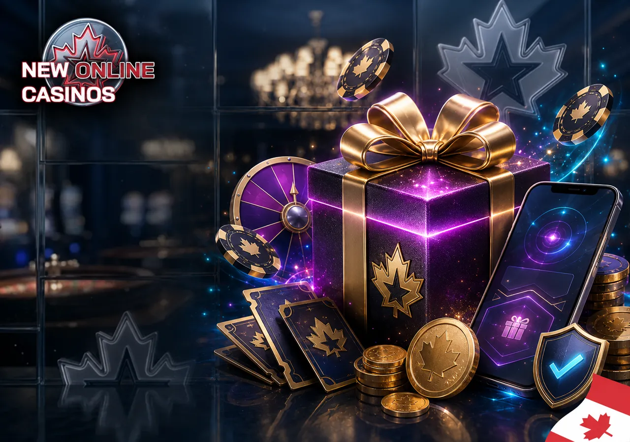 New player bonus offers with gift box, free spins, phone view and Canadian gaming accents